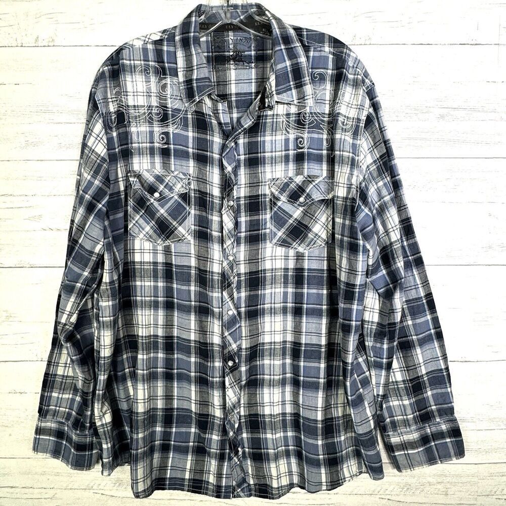 Ely 1878 Embroidered Pearl Snap Western Shirt Blue White Plaid